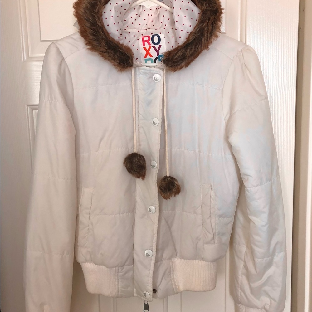 Roxy White Lightweight Puffer Bomber Jacket with Hood and Pom-Poms